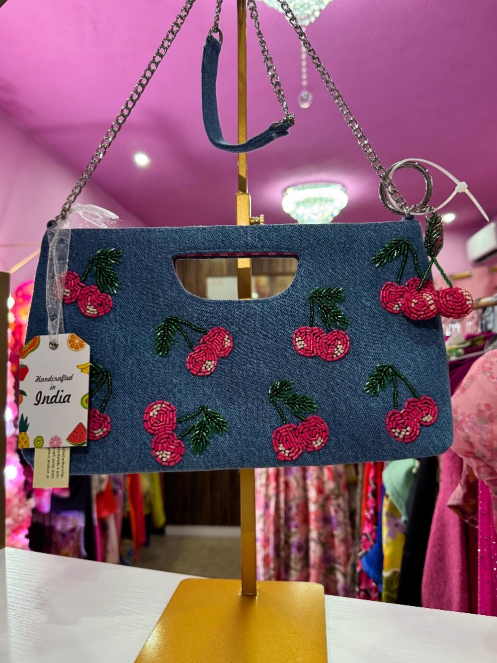Cherry Beaded Denim Clutch Bag – Handcrafted Statement Purse 🍒